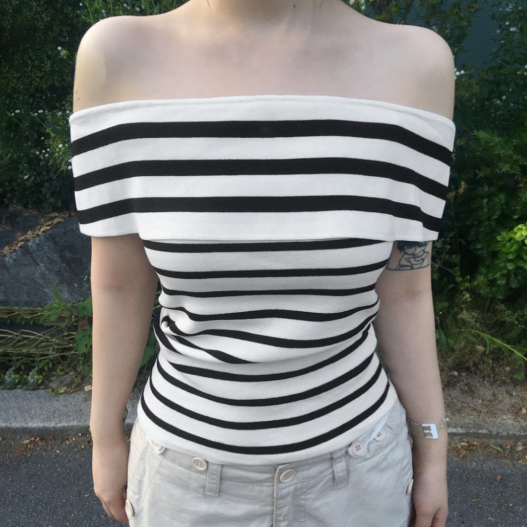 Damen Off-Shoulder Oberteil mit gestreiftem Design und breitem Kragen Echo Archiv