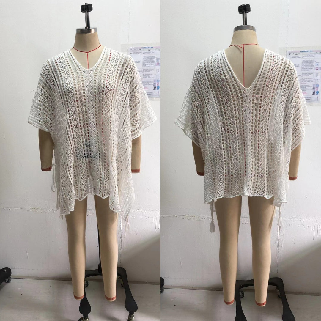 Damen Häkel-Strandtunika mit elegantem V-Ausschnitt und seitlichen Bindebändern Echo Archiv