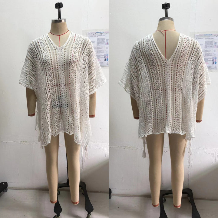 Damen Häkel-Strandtunika mit elegantem V-Ausschnitt und seitlichen Bindebändern Echo Archiv