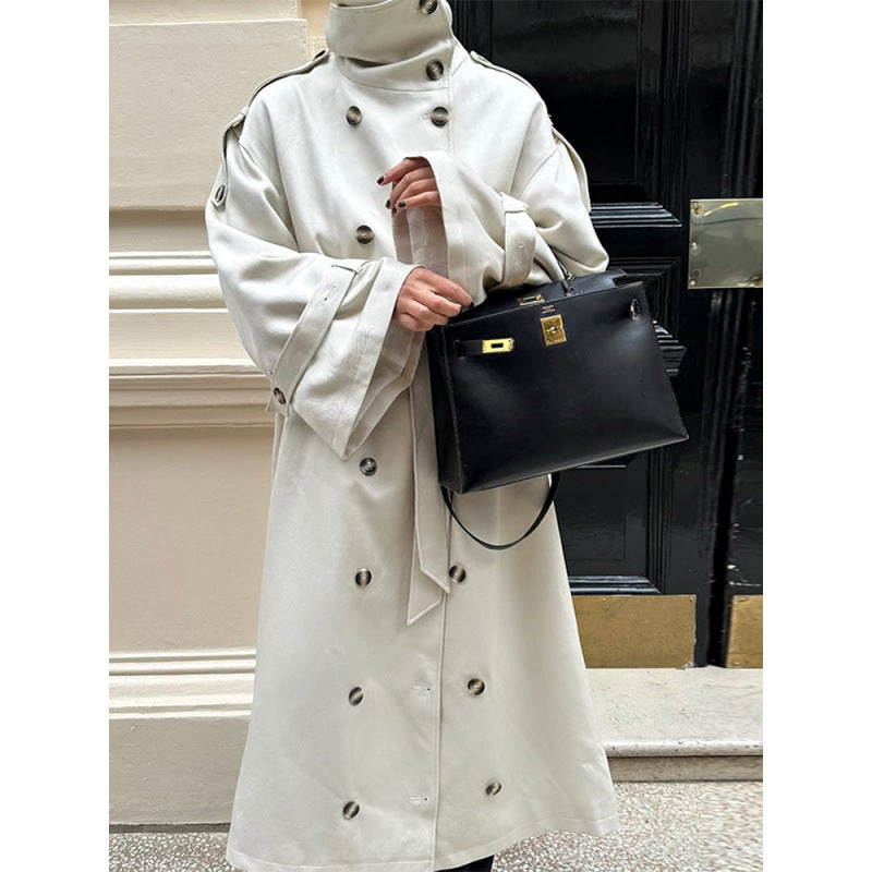 Damen Langer Oversized Trenchcoat mit hohem Stehkragen, Glockenärmeln und Bindegürtel Echoarchiv