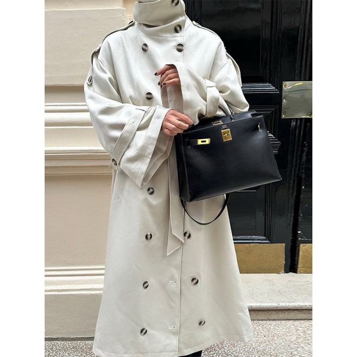 Damen Langer Oversized Trenchcoat mit hohem Stehkragen, Glockenärmeln und Bindegürtel Echoarchiv