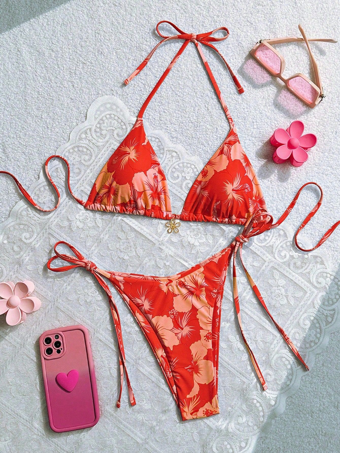 Damen Triangel-Bikini mit floralen Akzenten und raffinierten Bindebändern Echo Archiv