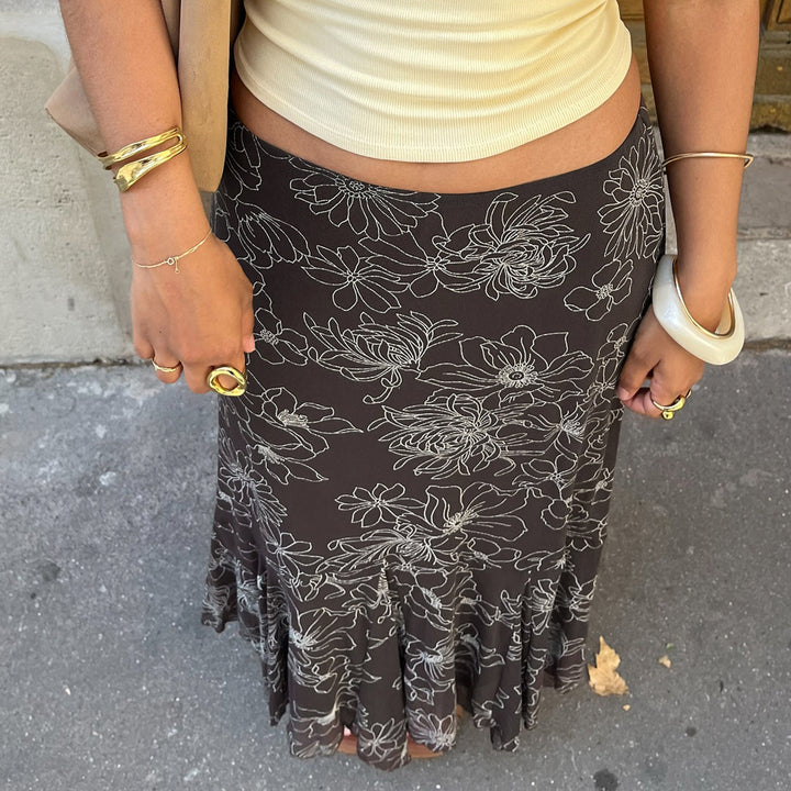 Damen Midirock mit ausgestelltem Volant-Saum und floralem Konturprint Echo Archiv