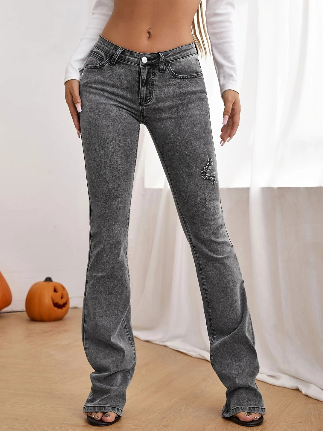 Damen Taillenhohe ausgestellte Jeans mit Perlenapplikation und formendem Bund Echo Archiv