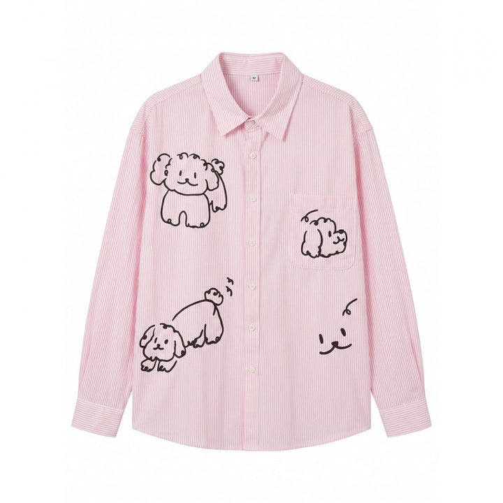 Damen Oversize-Streifenhemd mit handgezeichnetem Hunde-Print und Brusttasche Echo Archiv