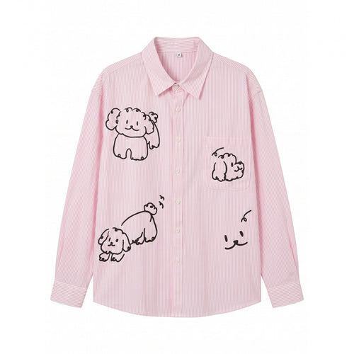 Damen Oversize-Streifenhemd mit handgezeichnetem Hunde-Print und Brusttasche Echo Archiv