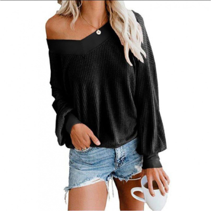 Damen Lockerer Waffelstrick-Pullover mit weitem Off-Shoulder-Ausschnitt und Oversize-Schnitt – Mavelle