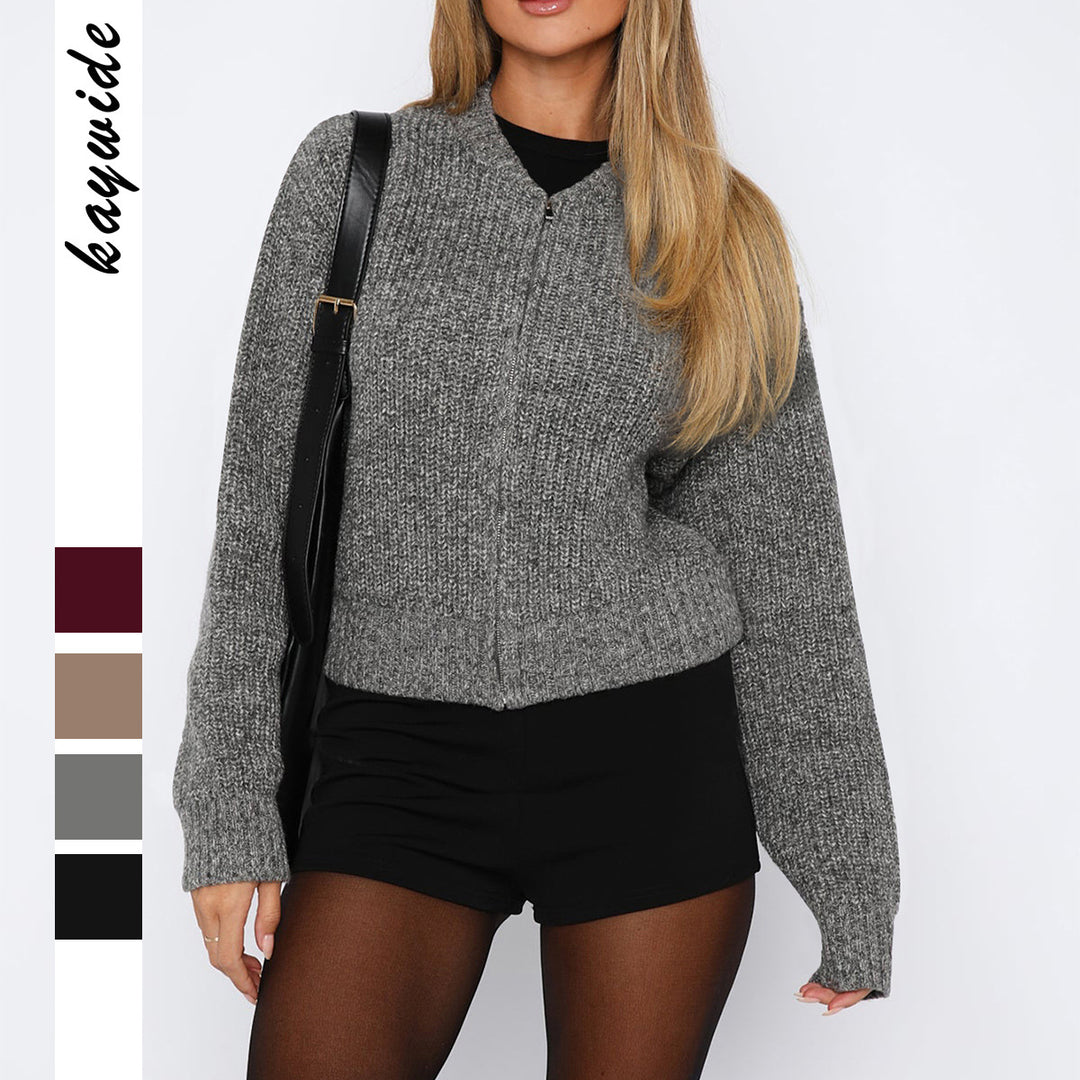 Damen nan kurzes Zip-Strickoberteil mit geripptem Saum, überschnittener Schulter und weichem Wollmix Echo Archiv
