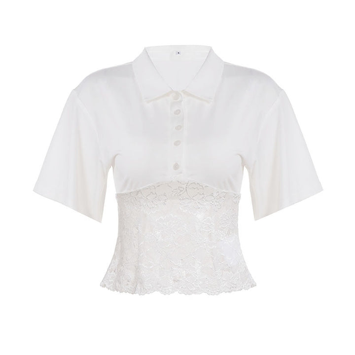Damen elegantes Kurzarmhemd mit Spitzenbesatz Echo Archiv