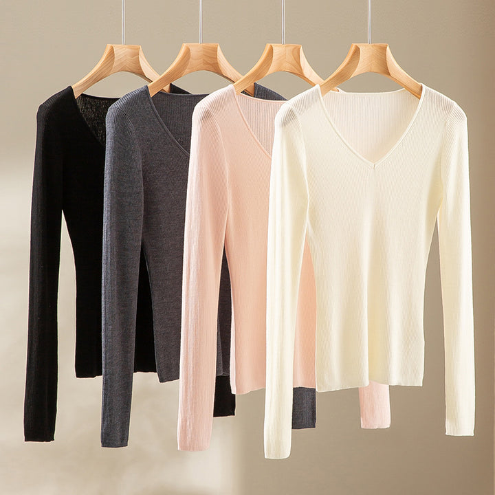 Damen Feiner gerippter Feinstrickpullover mit V-Ausschnitt und taillierter Silhouette Echoarchiv
