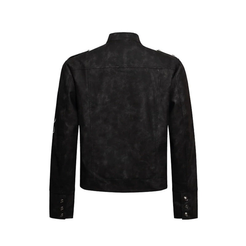 Herren Military-inspirierte Lederjacke mit Stehkragen, Zierknopfreihen und bestickten Ärmeln Echoarchiv