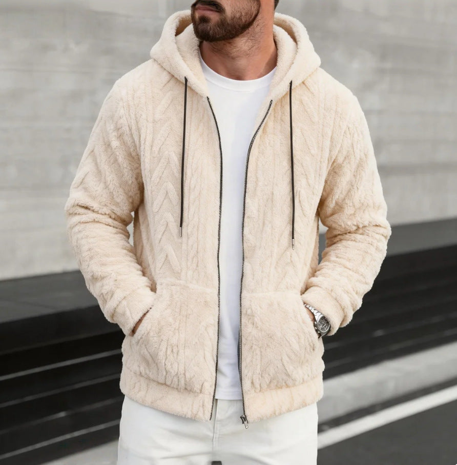 Herren kuschelige Kapuzenjacke aus Teddyfleece mit durchgehendem Reißverschluss und Kängurutaschen – Cavarno