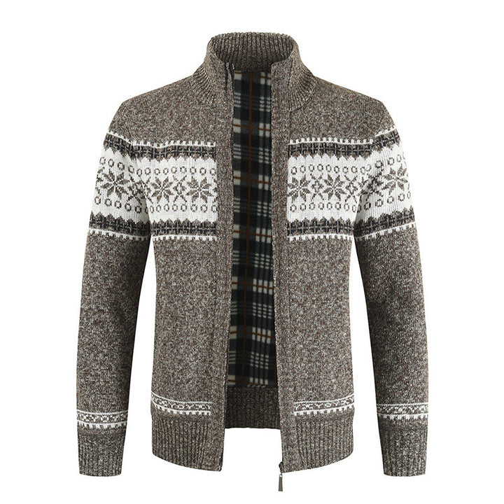 Herren Strickjacke mit modernem Norweger-Muster und hohem Kragen Echoarchiv