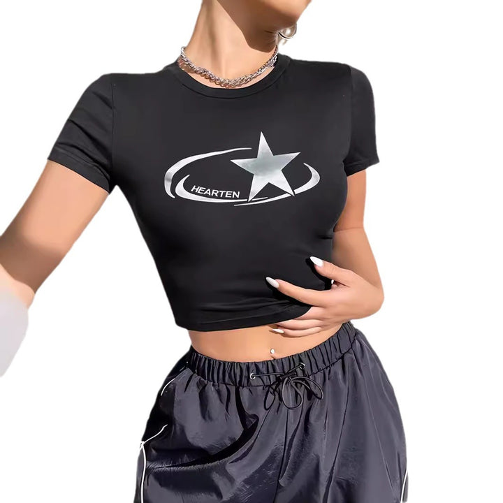 Damen Crop-T-Shirt mit glänzendem Sternmotiv und figurbetontem Schnitt Echo Archiv