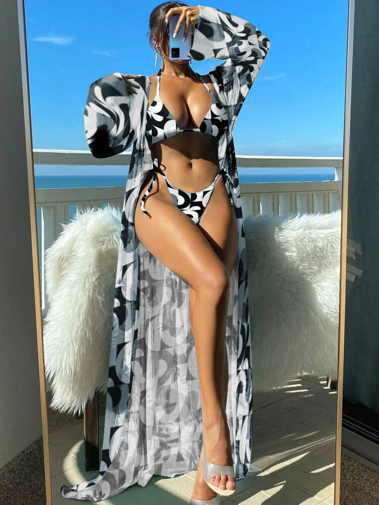 Damen Bikini-Set mit transparentem Kaftan und floralem Design Echo Archiv