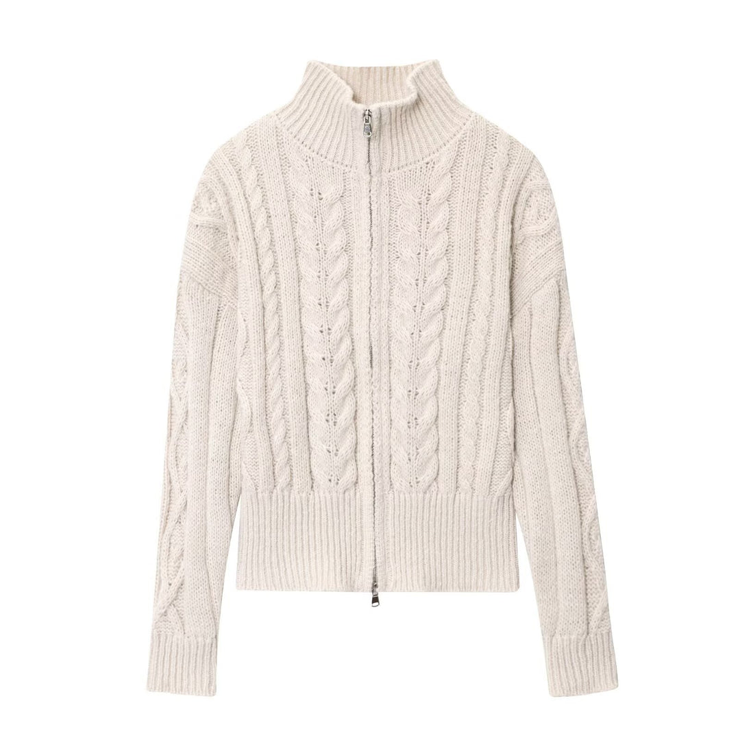 Damen Grobgestrickte Zopfstrick-Cardigan mit Stehkragen und Reißverschluss Echoarchiv