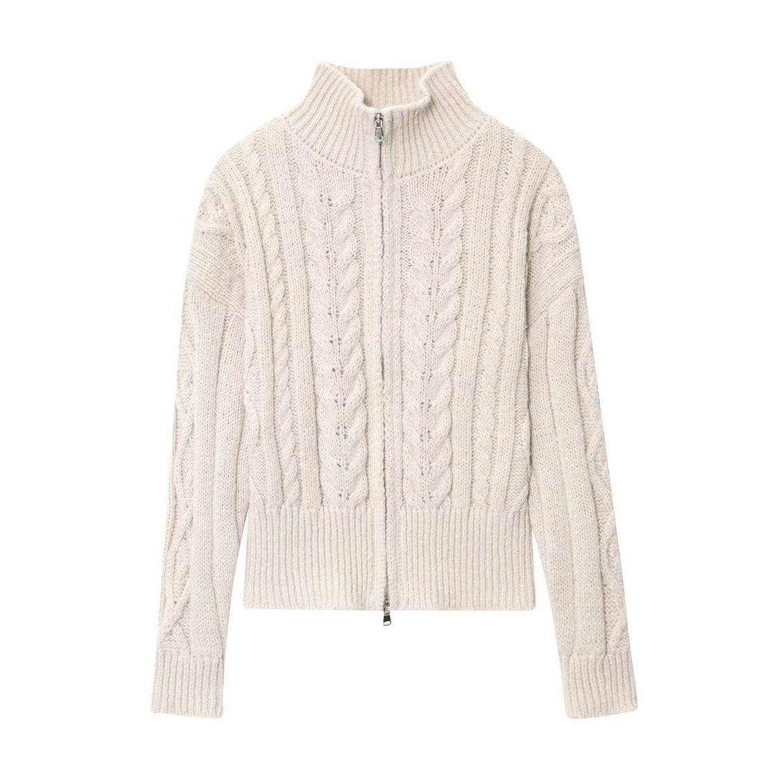 Damen Grobgestrickte Zopfstrick-Cardigan mit Stehkragen und Reißverschluss Echoarchiv