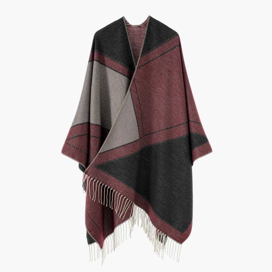 Damen Wendbarer Strickcape-Poncho mit Fransen und kontrastierenden Streifen – Avérine