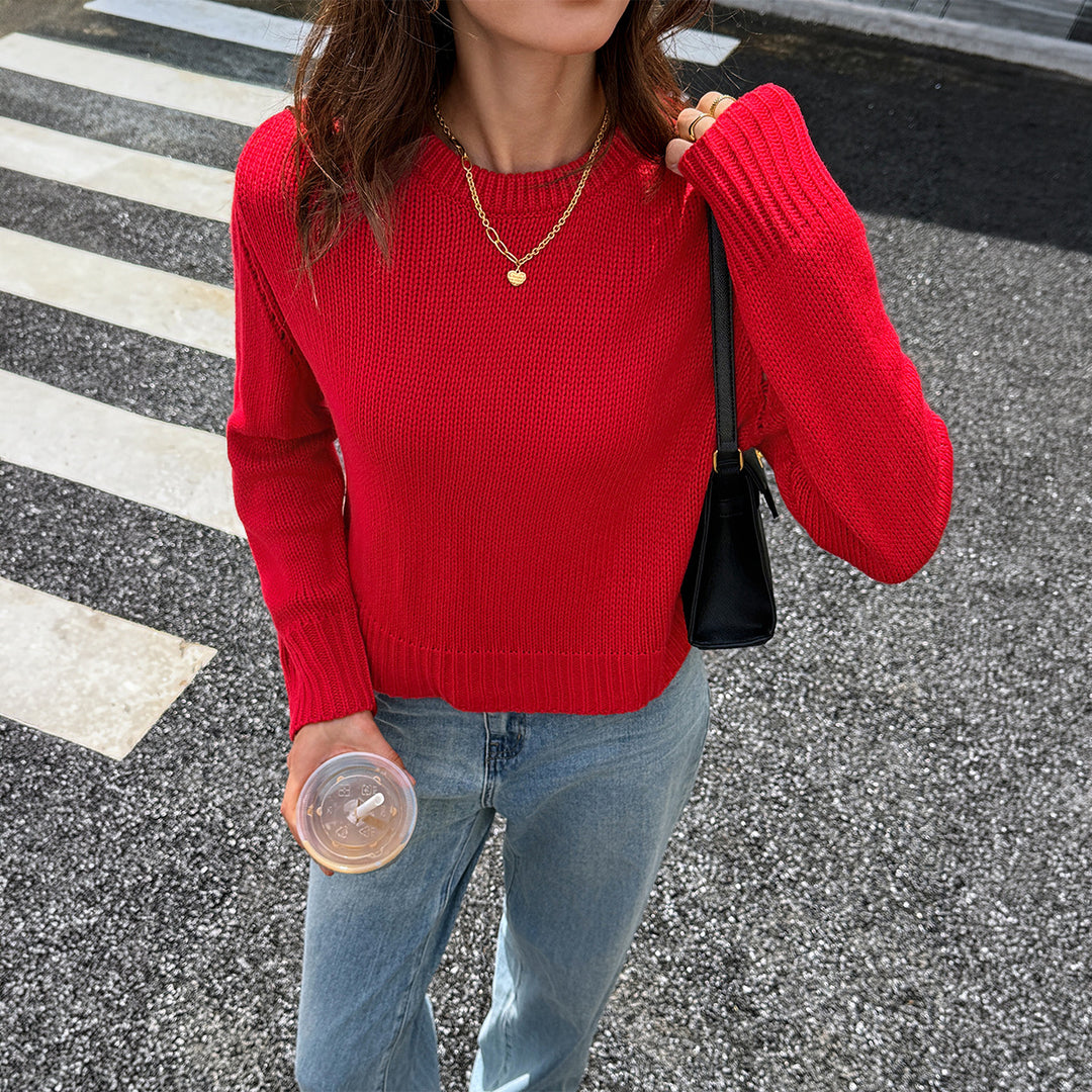 Damen gestrickter Feinstrick-Pullover mit Rundhalsausschnitt, leichter Oversize-Passform und gerippten Bündchen – Mavelle