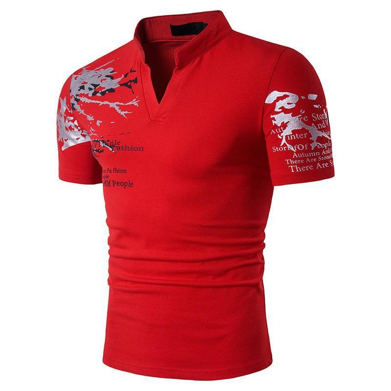 Herren Kurzarmshirt mit kreativem Stehkragen und grafischem Druck Echoarchiv