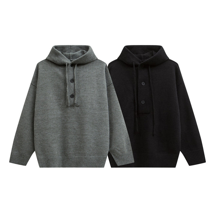 Damen Oversize Kapuzenstrickpullover mit halber Knopfleiste und Rippbündchen Echoarchiv