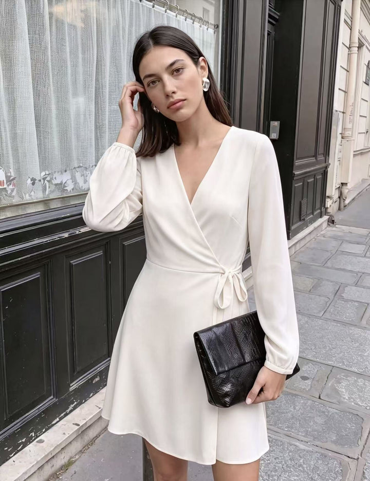 Damen Elegantes Wickel-Minikleid mit tiefem V-Ausschnitt und langen Ärmeln Echoarchiv