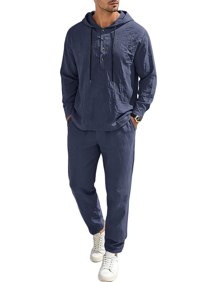 Herren nan entspannter Kapuzen-Henley Freizeitanzug aus leichter Baumwollmischung in Leinenoptik mit Kordelzug und elastischer Bundhose Echo Archiv