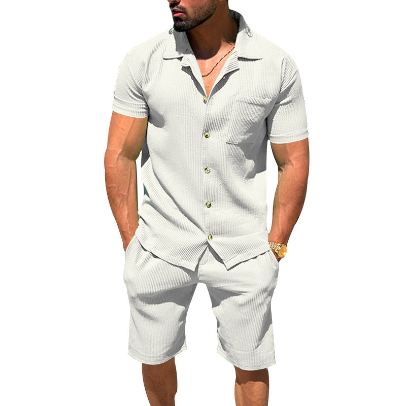 Herren nan lässiges zweiteiliges Freizeitset aus geripptem Jersey mit Hemdkragen Knopfleiste und Shorts Echo Archiv