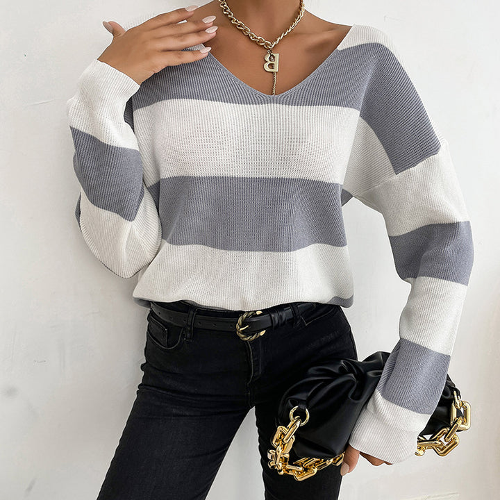Damen Leichter Oversize‑Strickpullover mit V‑Ausschnitt und breitem Streifenmuster Echoarchiv