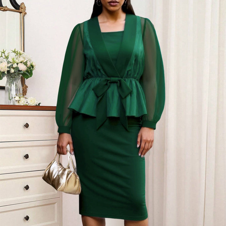Damen elegantes Kleid mit transparentem Ärmel und tailliertem Gürtel Echo Archiv