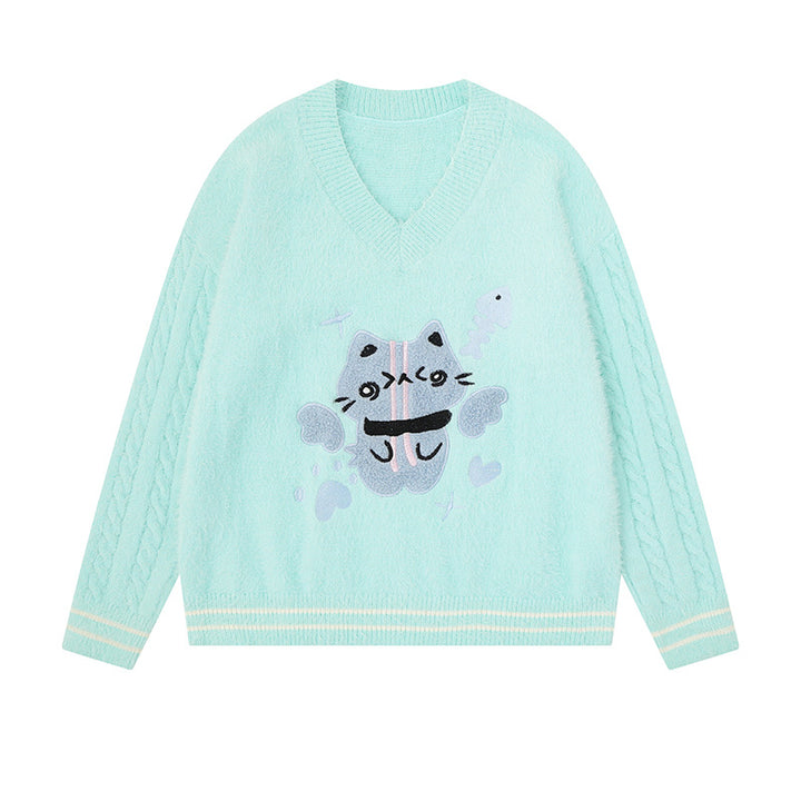 Damen V-Ausschnitt Strickpullover mit Zopfärmeln und Chenille-Katzenmotiv Echoarchiv