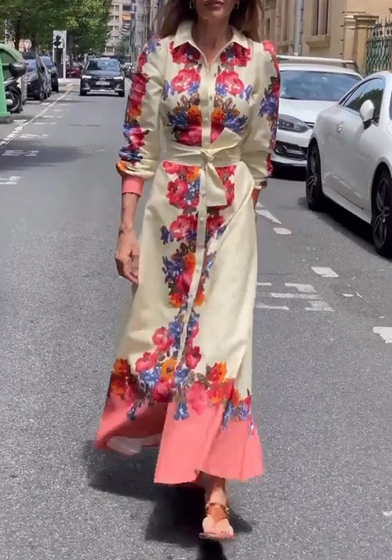 Damen nan langes Hemdblusenkleid mit floralem Print, Bindegürtel und Volantbesatz Echo Archiv