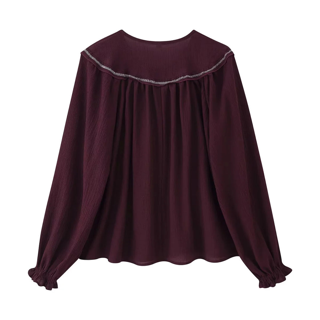 Damen nan bestickte Bluse mit übergroßem Kragen, Bindeschleife und geknöpfter Front Echo Archiv