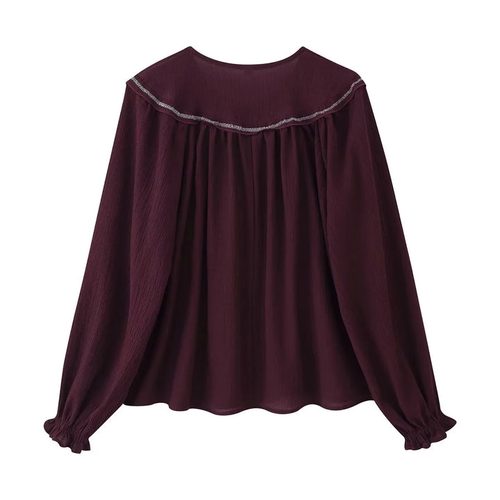 Damen nan bestickte Bluse mit übergroßem Kragen, Bindeschleife und geknöpfter Front Echo Archiv