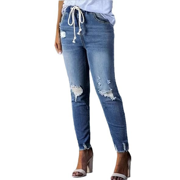Damen Cropped-Denim-Jeans mit Tunnelzugbund, Destroyed-Kniepartien und rohem Saum Echo Archiv