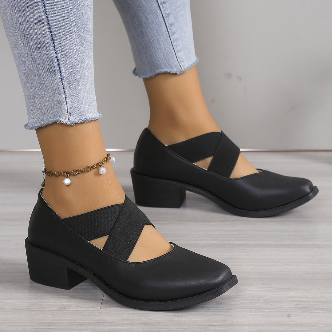 Damen Slipper-Pumps mit kreuzenden Elastikriemen und Blockabsatz Echoarchiv