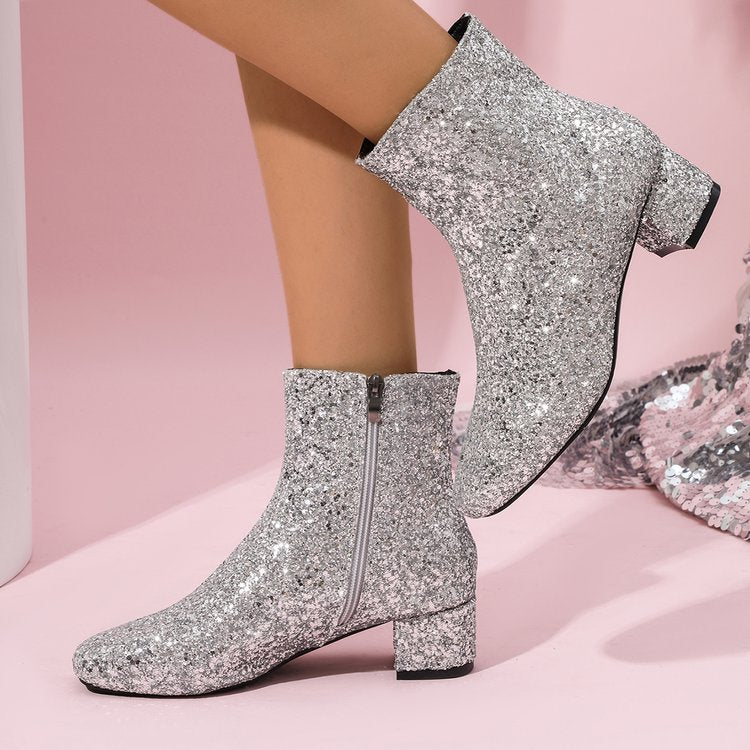 Damen glitzernde Stiefeletten mit kurzem Blockabsatz und seitlichem Reißverschluss Echo Archiv