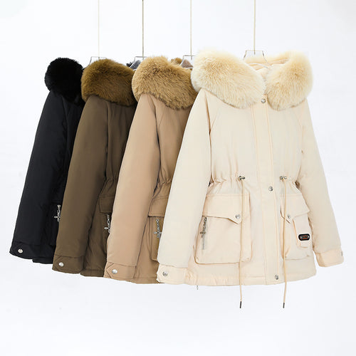 Damen kurzer Thermo-Parka mit voluminösem Schalkragen in Webpelzoptik und taillierendem Tunnelzug – Montévia
