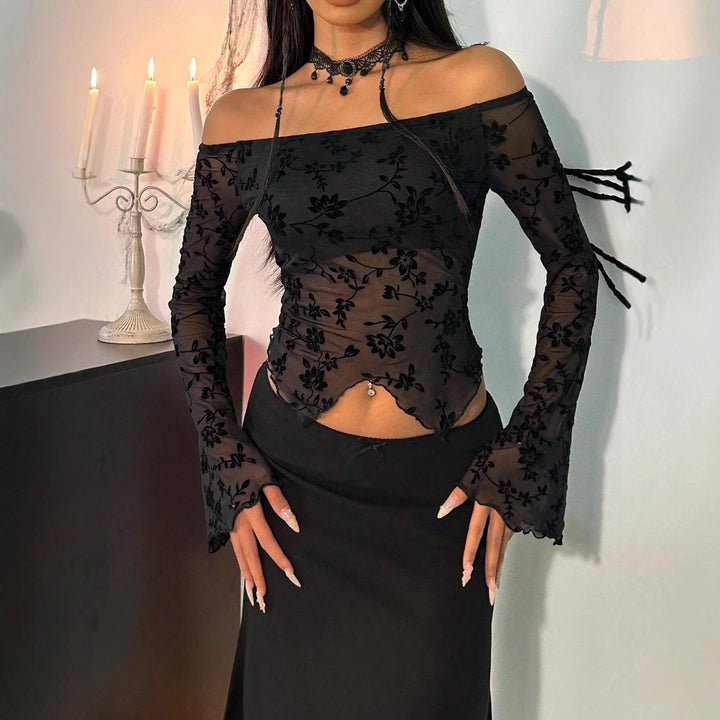 Damen nan transparentes Mesh-Top mit floraler Samt-Flock-Applikation, Carmen-Ausschnitt und kurzem Taillen-Saum Echo Archiv