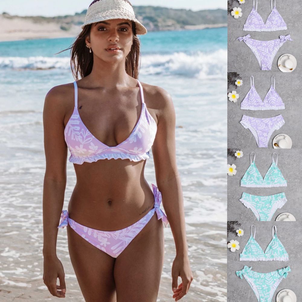 Damen Triangel-Bikini mit verspielten Rüschendetails und floralem Druck Echo Archiv