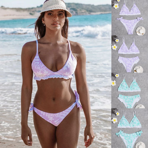 Damen Triangel-Bikini mit verspielten Rüschendetails und floralem Druck Echo Archiv