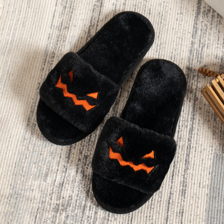 Damen Flauschige Hausslipper mit gesticktem Kürbisgesicht und rutschfester Sohle – Lioré
