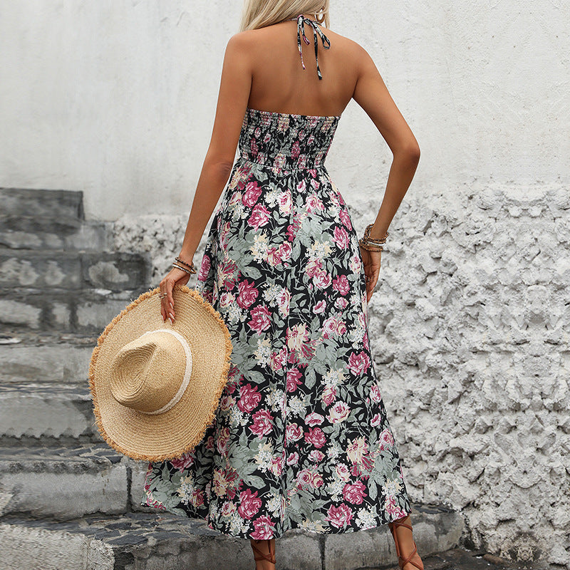 Damen Florales Maxikleid mit Wickel-V-Ausschnitt, Spaghettiträgern und tailliertem Smokbund Echoarchiv