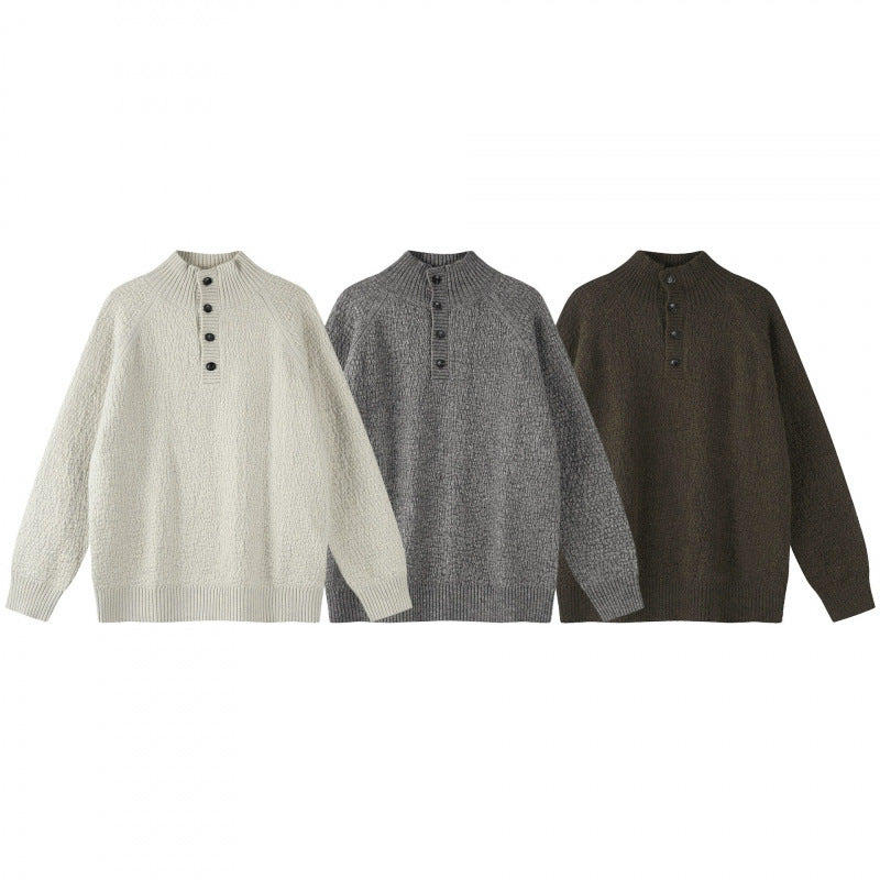 Unisex Strukturierter Halbzip-Strickpullover mit Henley-Knopfleiste und Raglanärmeln Echo Archiv