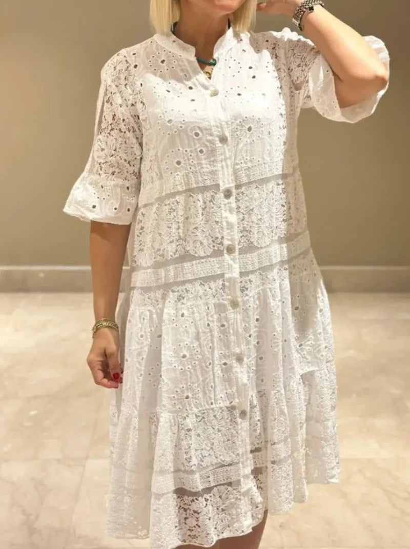 Damen nan Hemdblusen-Midikleid mit Spitzen-Einsätzen, Stufenrock und durchgehender Knopfleiste Echo Archiv