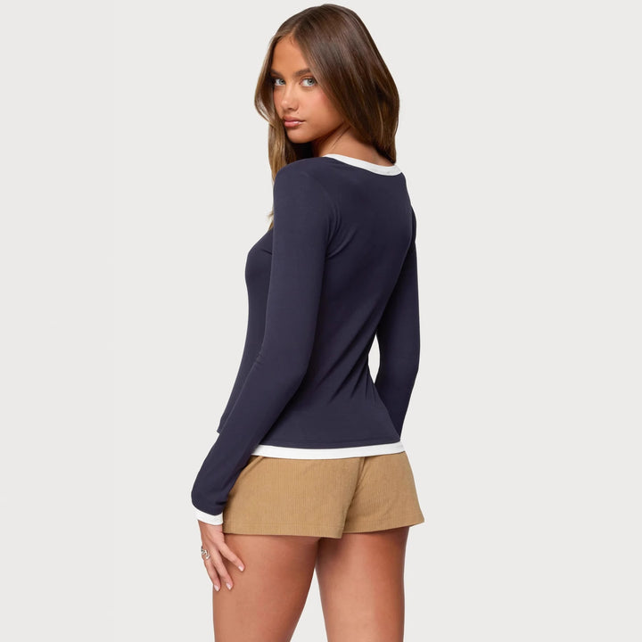 Damen Langarmshirt mit funktionalem Knopfleiste und Kontrastkragen Echo Archiv