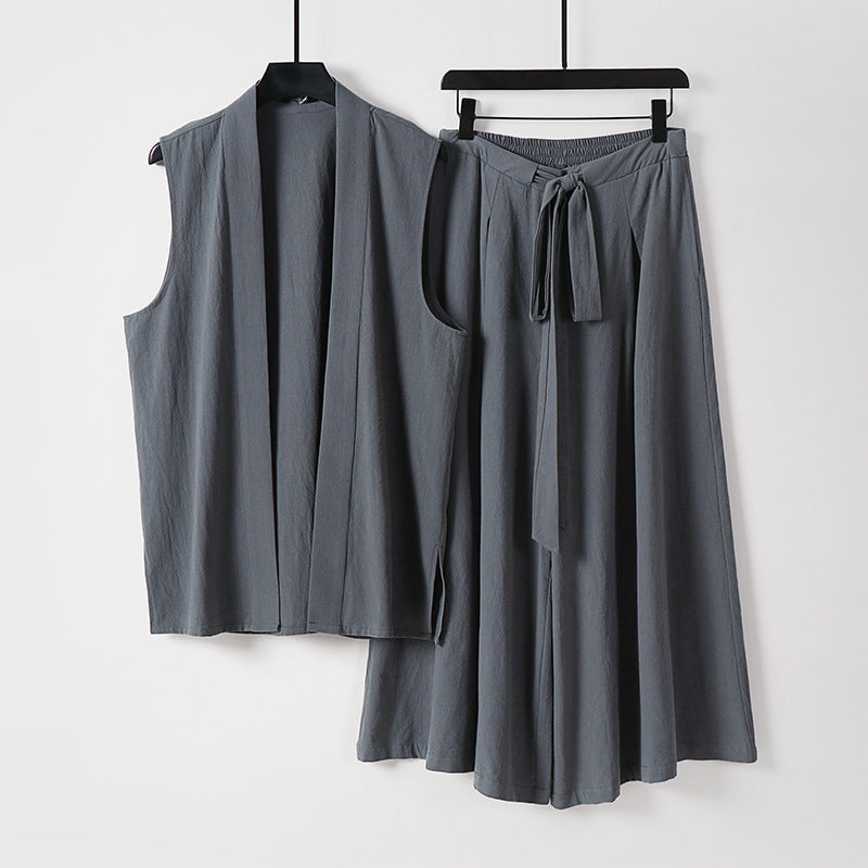 Damen Ärmellose Kimono-Weste und Hochtaillierte Culotte-Hose mit Bindegürtel Echoarchiv
