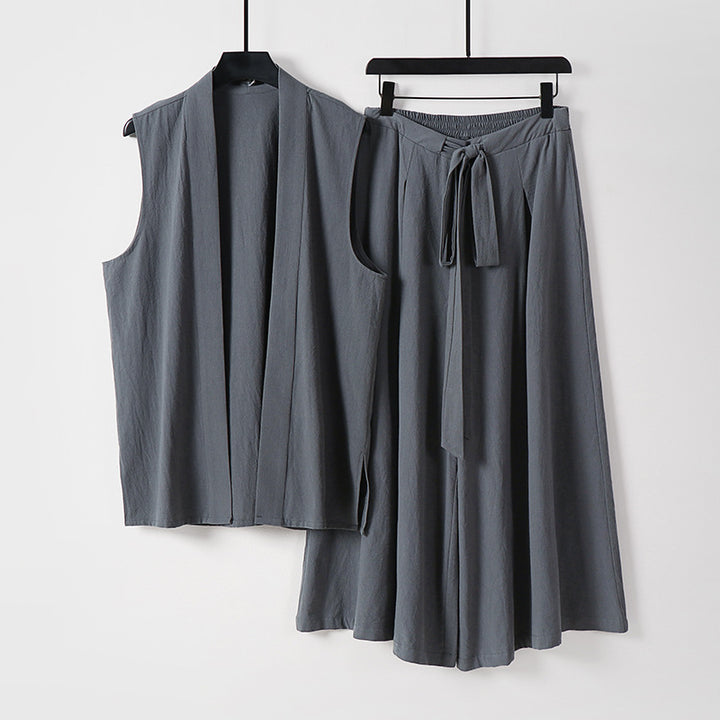Damen Ärmellose Kimono-Weste und Hochtaillierte Culotte-Hose mit Bindegürtel Echoarchiv