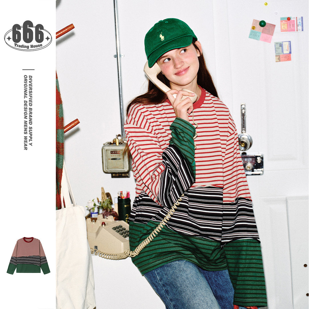 Unisex Lässiges Oversize Langarmshirt mit Blockstreifen aus Baumwollmix Echoarchiv