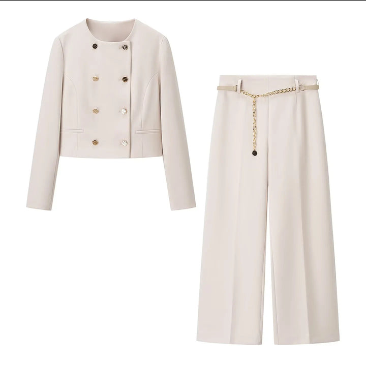 Damen weit geschnittene Highwaist-Hose mit Bügelfalte und abnehmbarem Schmuckketten-Gürtel – Avélisse